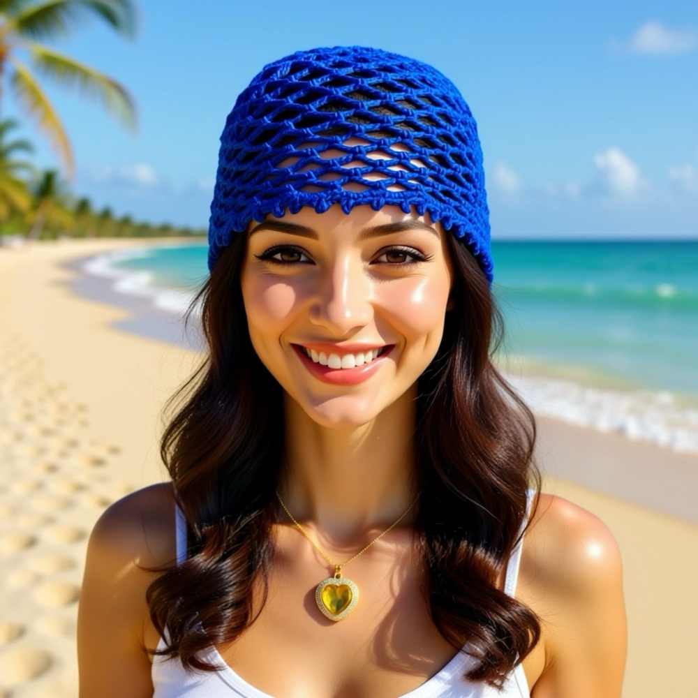 New Handmade knitted sweaters royal Blue Crochet hat boho style. Size M